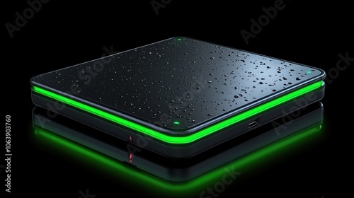 A sleek, modern device with a glossy surface and droplets of water, illuminated by a vibrant green light, Ideal for showcasing waterproof technology, gadgets, or innovative product designs,