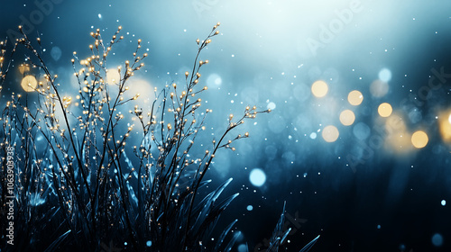 Glowing winter grass with sparkling snowflakes and enchanting bokeh lights