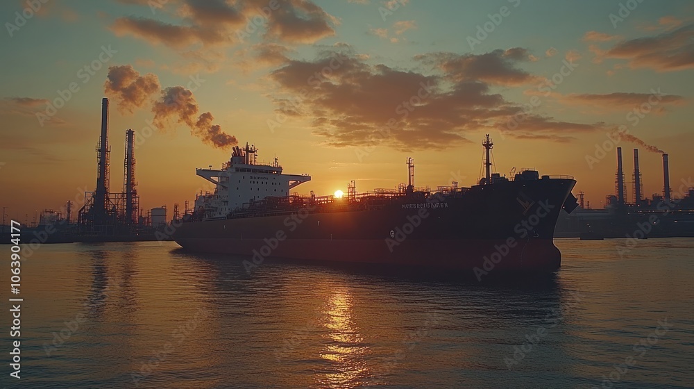 A large tanker ship sails past an industrial complex at sunset. A large tanker ship sails past an industrial complex at sunset.