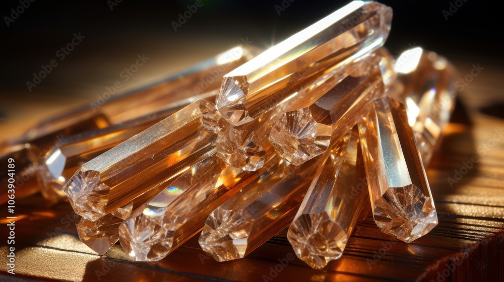 A close-up view of a group of faceted transparent golden crystals arranged on a brown wooden surface, capturing the intricate facets and the reflection of light. A close-up view of a group of faceted transparent golden crystals arranged on a brown wooden surface, capturing the intricate facets and the reflection of light.