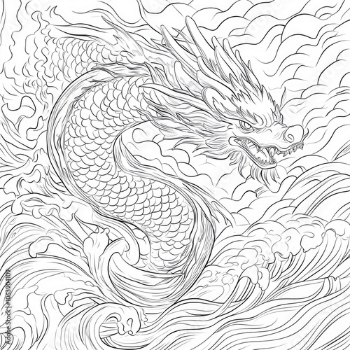 Intricate dragon illustration swirling through turbulent waves on a dynamic background photo