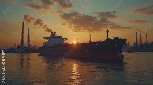 A large tanker ship sails past an industrial complex at sunset.