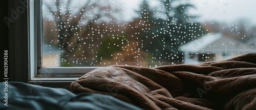 A tranquil view through rain-kissed windows, blankets pulled up inviting warmth and introspection on a dreary day. photo