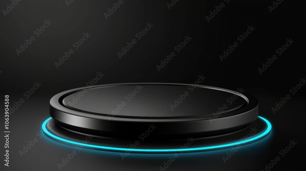 A sleek, black circular platform with a glowing blue edge against a dark background, ideal for product showcases, advertising, or promotional materials, Its modern aesthetic enhances visual appeal, A sleek, black circular platform with a glowing blue edge against a dark background, ideal for product showcases, advertising, or promotional materials, Its modern aesthetic enhances visual appeal,