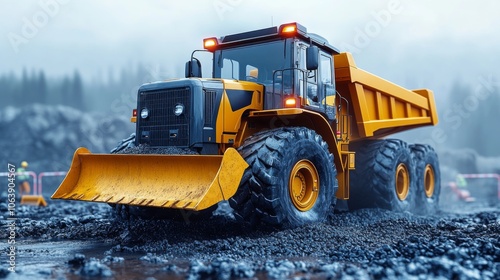 A powerful dump truck is actively transporting materials at a construction site surrounded by fog and rocky terrain, with workers busy in the background.