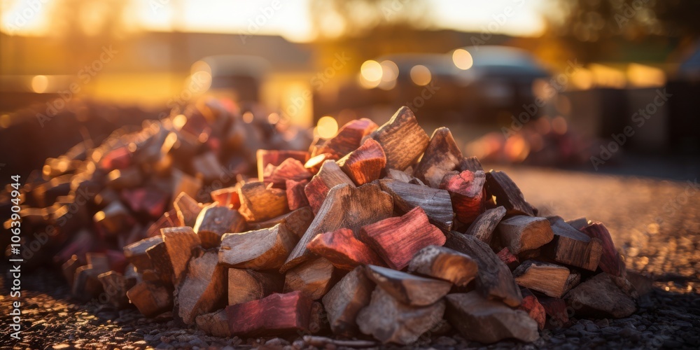 A pile of chopped firewood bathed in the warm glow of the setting sun, ready for a cozy fire. A pile of chopped firewood bathed in the warm glow of the setting sun, ready for a cozy fire.