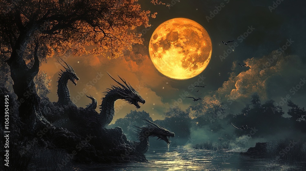 Fototapeta premium A dramatic fantasy landscape features three imposing dragons emerging from a dark, lush forest near a shimmering body of water. The scene is illuminated by a large, glowing full moon that casts a silv
