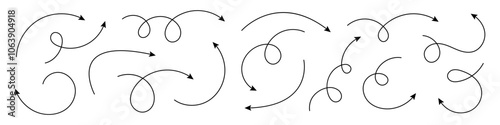 Collection of curve arrows. Set simple curved hand drawn arrows.