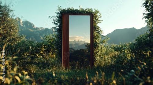 A mysterious doorway stands open, surrounded by greenery and offering a stunning view of distant mountains, symbolizing a transition into new experiences. photo