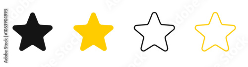 Star icons set: includes stars in a linear flat design with black and yellow colors. Isolated vector illustration, ideal for ratings, highlights, and decorative elements.