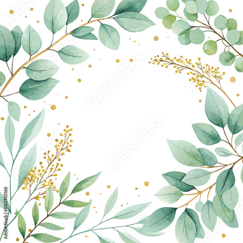 Watercolor Green Leaves and Gold Dots Frame