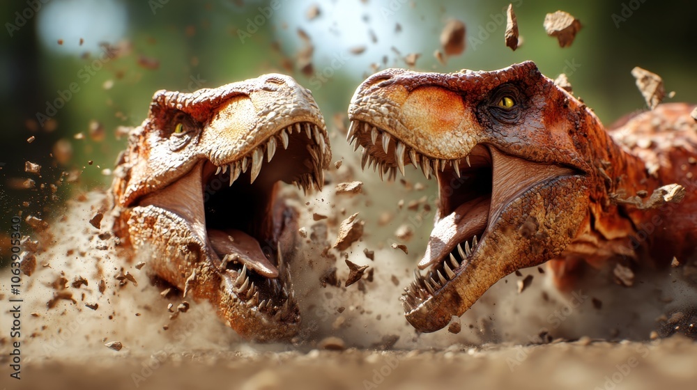 Two dynamic dinosaurs clash amid flying debris, showcasing energy and ferocity. Their roars and movements are captured vividly in the dusty battleground scene. Two dynamic dinosaurs clash amid flying debris, showcasing energy and ferocity. Their roars and movements are captured vividly in the dusty battleground scene.