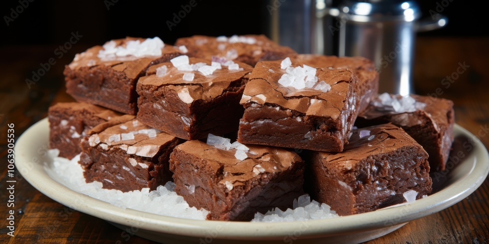 A plate of decadent chocolate brownies topped with coarse sea salt, a symphony of textures and flavors A plate of decadent chocolate brownies topped with coarse sea salt, a symphony of textures and flavors