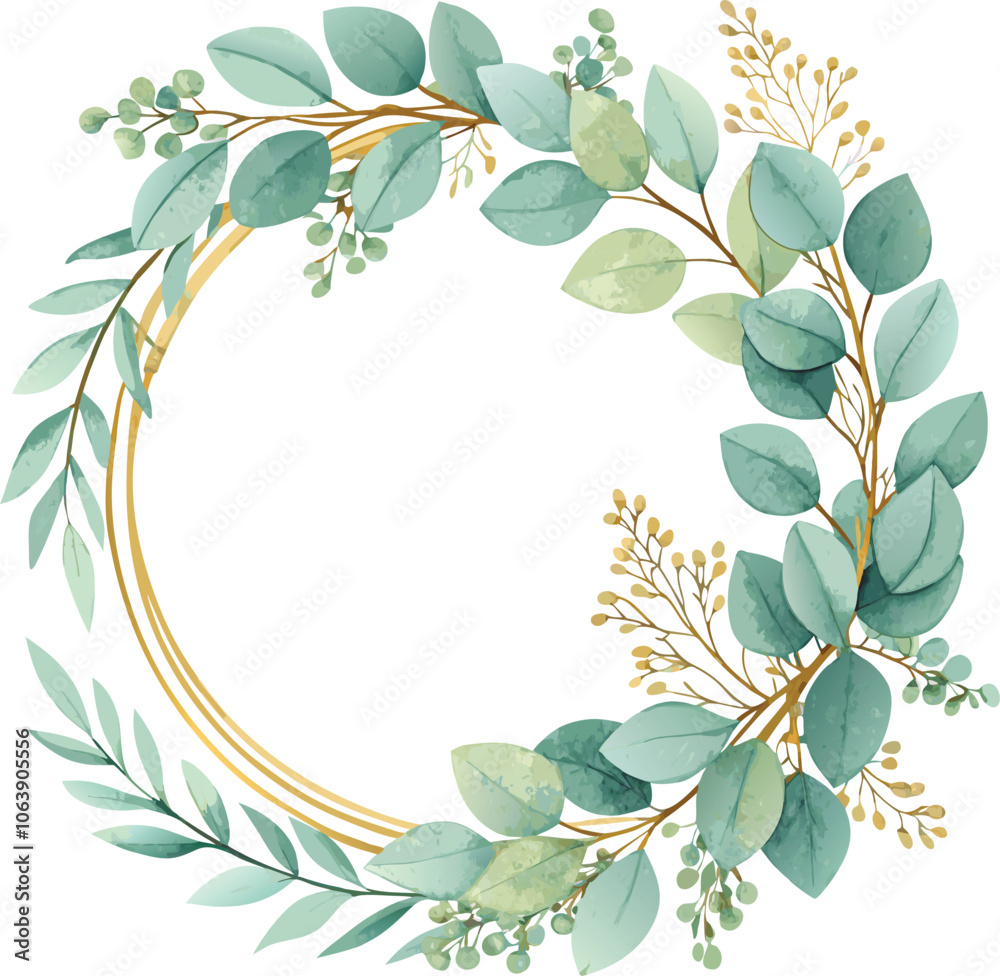 Fototapeta premium Golden Eucalyptus Wreath with Greenery Frame