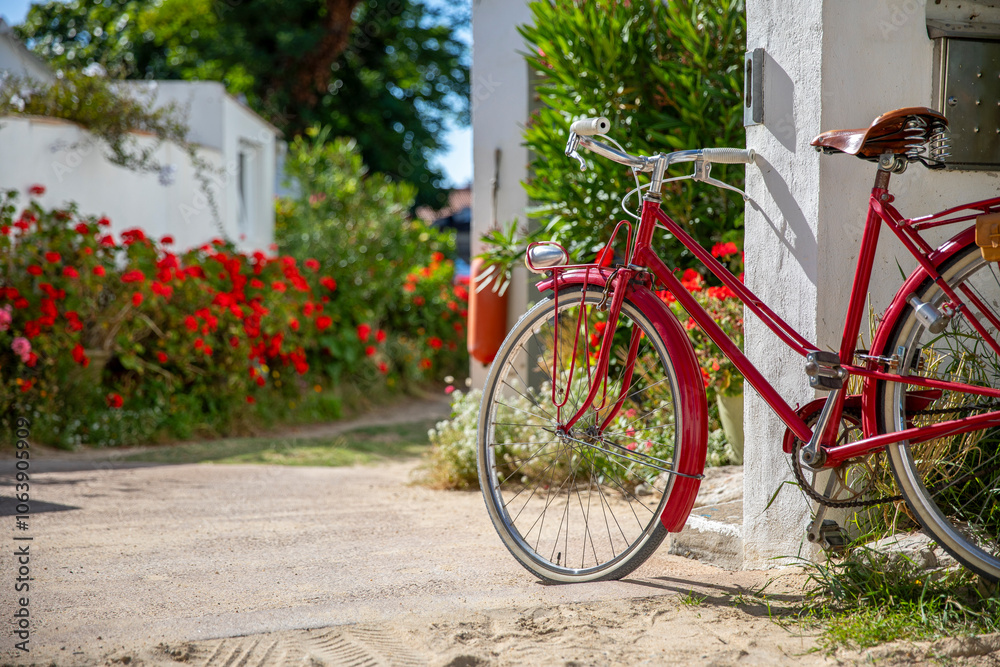 Vieux vélo rouge devant un charmant petit jardin fleuri en été. Vieux vélo rouge devant un charmant petit jardin fleuri en été.