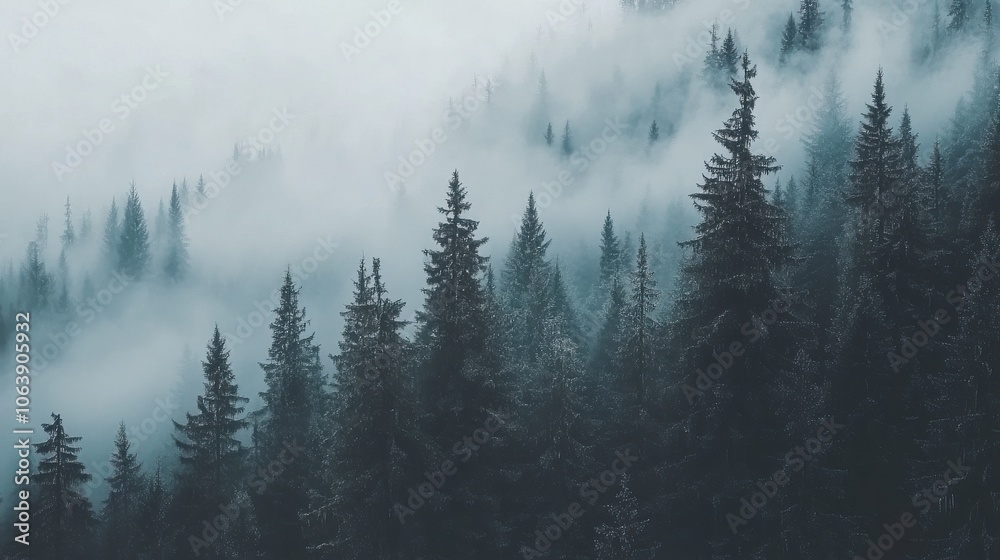 Foggy pine forest landscape with tall trees shrouded in mist Foggy pine forest landscape with tall trees shrouded in mist