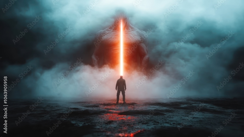 A lone figure stands in a misty landscape, confronting a colossal entity emitting a glowing beam of light, set in a surreal scene of impending action and anticipation. A lone figure stands in a misty landscape, confronting a colossal entity emitting a glowing beam of light, set in a surreal scene of impending action and anticipation.