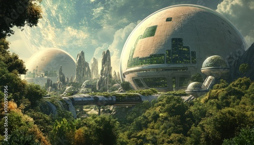 Futuristic space colony with habitats, greenhouses, and advanced technology on a distant planet