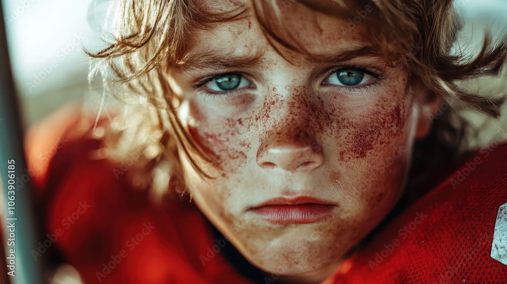 A young freckled boy in red attire stares intently, capturing the essence of determination and youthful strength. The close-up highlights his gritty expression. A young freckled boy in red attire stares intently, capturing the essence of determination and youthful strength. The close-up highlights his gritty expression.