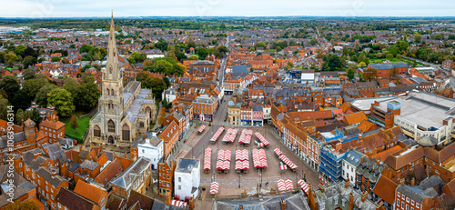 Aerial view of Newark-on-Trent, a market town and civil parish in the Newark and Sherwood district in Nottinghamshire, England photo