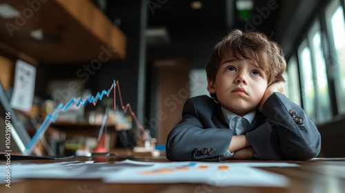 A young child wearing a suit sits at a desk in a dimly lit office, pondering over charts and graphs, expressing thoughtfulness and youthful determination.