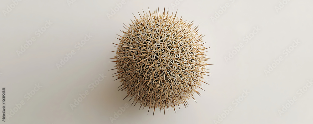 An overhead close-up view of a spherical cactus with intricate spiky details, showing the unique structure and sharp textures of the plant set against a desert landscape. An overhead close-up view of a spherical cactus with intricate spiky details, showing the unique structure and sharp textures of the plant set against a desert landscape.
