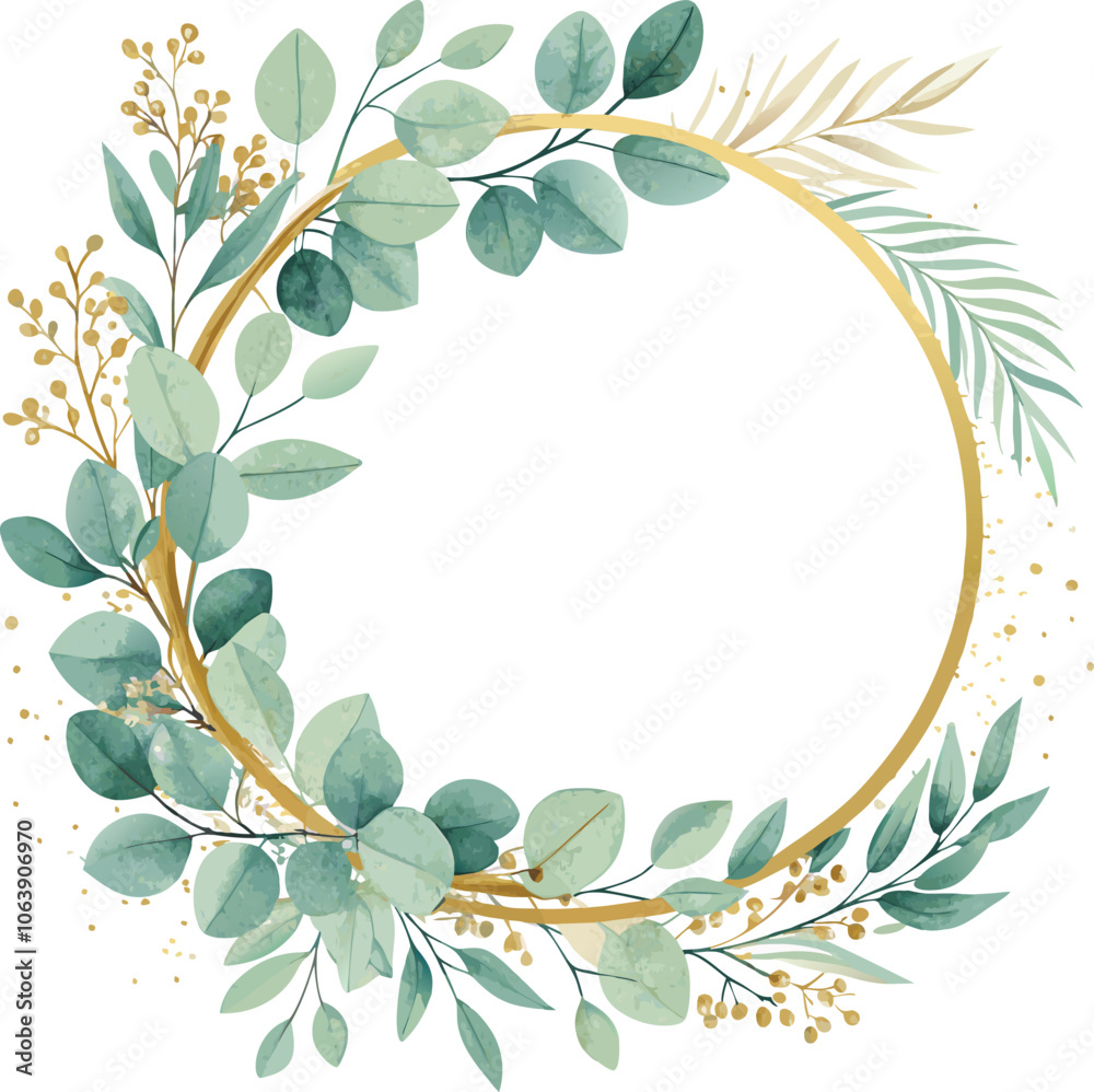 Fototapeta premium Gold Eucalyptus Wreath Watercolor Illustration