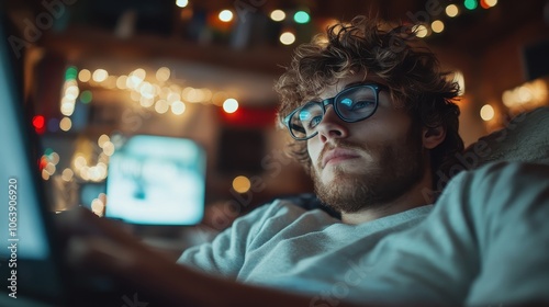 A young adult, wearing glasses, is deeply absorbed in working on a laptop at night, illuminated by screen light, suggesting focus or intensity amidst soft lighting.