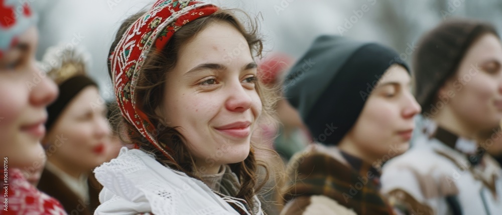A woman in a vibrant headscarf and warm clothing stands smiling among friends, enjoying a chilly outdoor event amid the serene winter landscape. A woman in a vibrant headscarf and warm clothing stands smiling among friends, enjoying a chilly outdoor event amid the serene winter landscape.