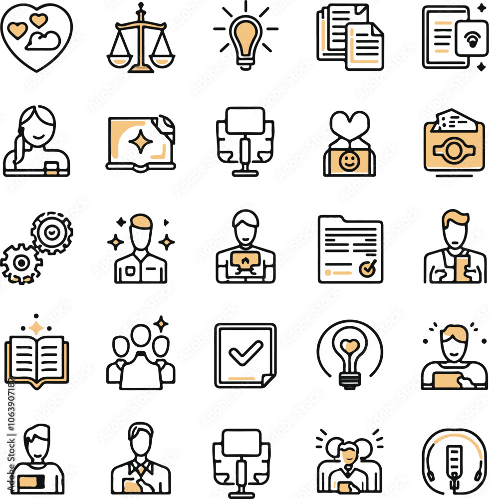 A set of minimalist, line-art style business and productivity icons design Vector illustration