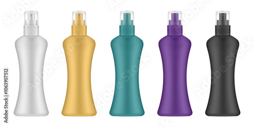 Set of white, gold, green, purple and black cosmetic bottles with pump. Dispenser. Korean packaging. Lotion or serum. Mist, hair spray, air freshener container. Mockup of aerosol. Transparent cap