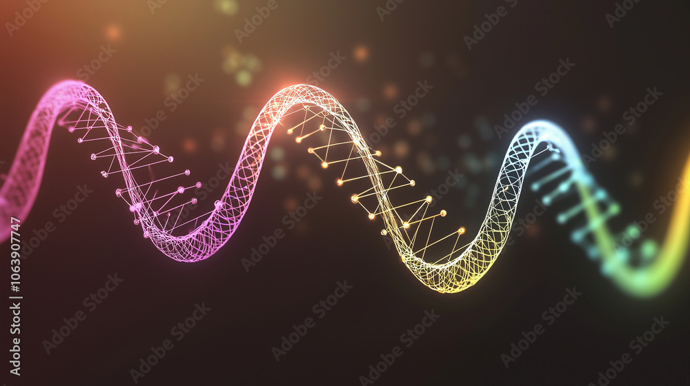 Vivid, glowing curves undulating through a dark space, signifying the union of digital evolution and human genetic identity Vivid, glowing curves undulating through a dark space, signifying the union of digital evolution and human genetic identity