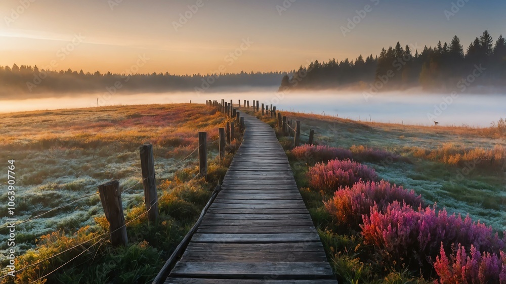 Fototapeta premium winter wooden pathway on a colorful meadow with morning fog background