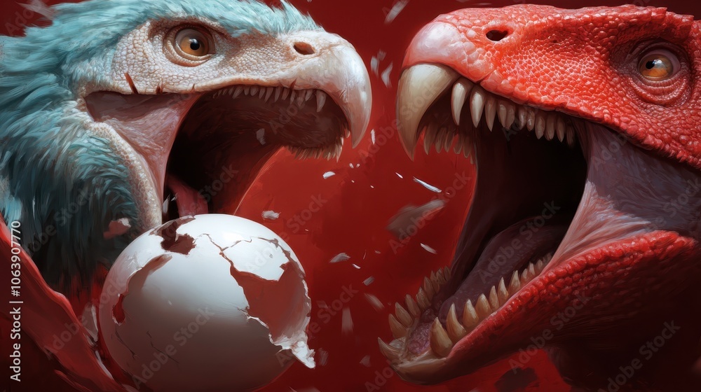 In a dramatic scene, two vividly colored, dinosaur-like creatures fiercely clash with a mysterious cracked sphere between them, set against a vivid red backdrop. In a dramatic scene, two vividly colored, dinosaur-like creatures fiercely clash with a mysterious cracked sphere between them, set against a vivid red backdrop.