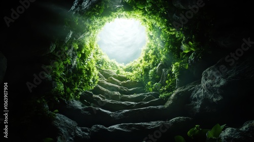 A stone stairway lined with lush green foliage ascends towards an opening filled with bright light, symbolizing hope and new beginnings underground. photo