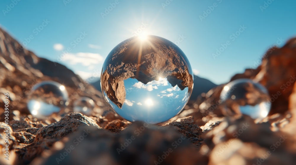 A series of reflective glass spheres on a rocky terrain beneath a bright blue sky, bending and mirroring the surrounding environment in a unique artistic perspective. A series of reflective glass spheres on a rocky terrain beneath a bright blue sky, bending and mirroring the surrounding environment in a unique artistic perspective.