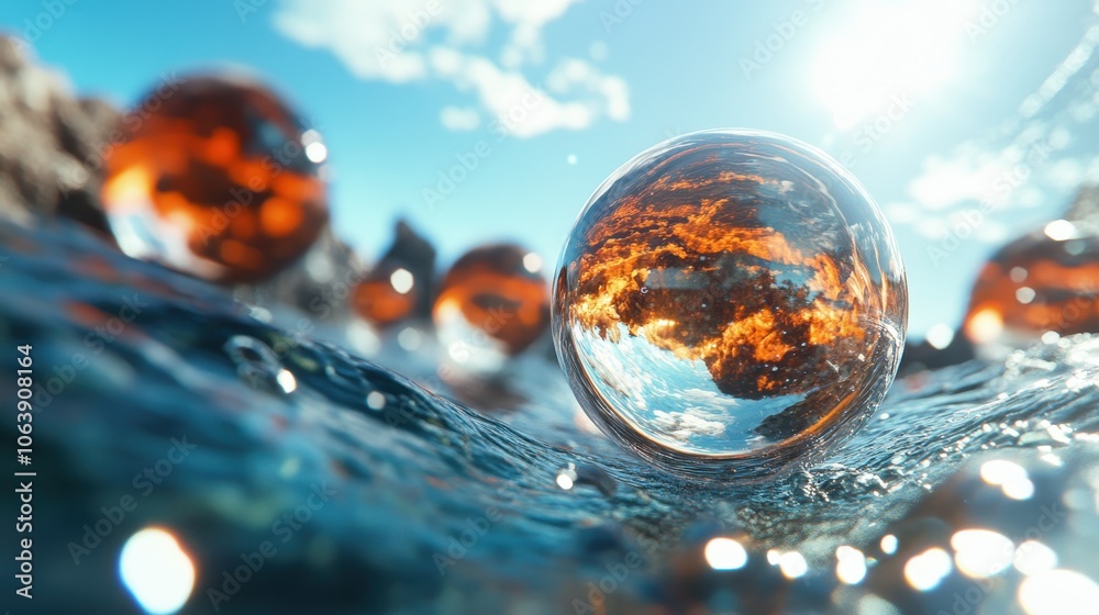Floating crystal balls on a watery surface reflect a bright sunlit sky, creating a mesmerizing effect of light play and visual balance in a natural environment. Floating crystal balls on a watery surface reflect a bright sunlit sky, creating a mesmerizing effect of light play and visual balance in a natural environment.
