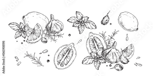 Lemon, garlic, basil, rosemary and pepper hand drawn ink compositions isolated on white background. Vector set os black and white illustration.Elements for food label design