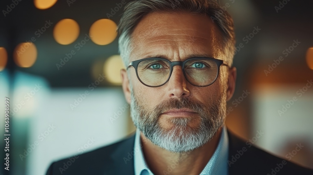 A confident man with a gray beard wears round glasses and a suit, illuminated with blurred warm lights in the background, conveying professionalism and focus.