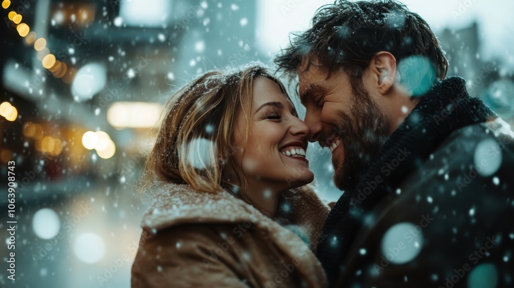 A couple, wrapped in winter wear, smiles brightly as they enjoy falling snowflakes in a bustling city evening, capturing joy and warmth in the chilly urban setting. A couple, wrapped in winter wear, smiles brightly as they enjoy falling snowflakes in a bustling city evening, capturing joy and warmth in the chilly urban setting.