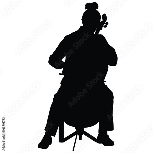 a black silhouette of a person playing the cello.