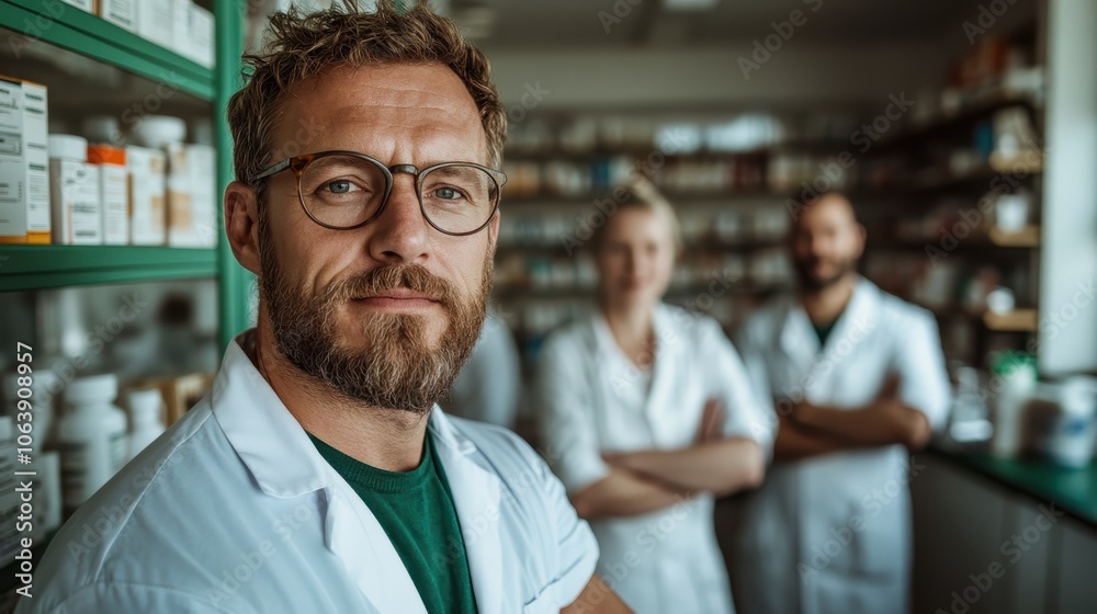 A confident pharmacist stands smiling with two colleagues in white coats and shelves of medicine in the background. The lighting is bright and professional. A confident pharmacist stands smiling with two colleagues in white coats and shelves of medicine in the background. The lighting is bright and professional.