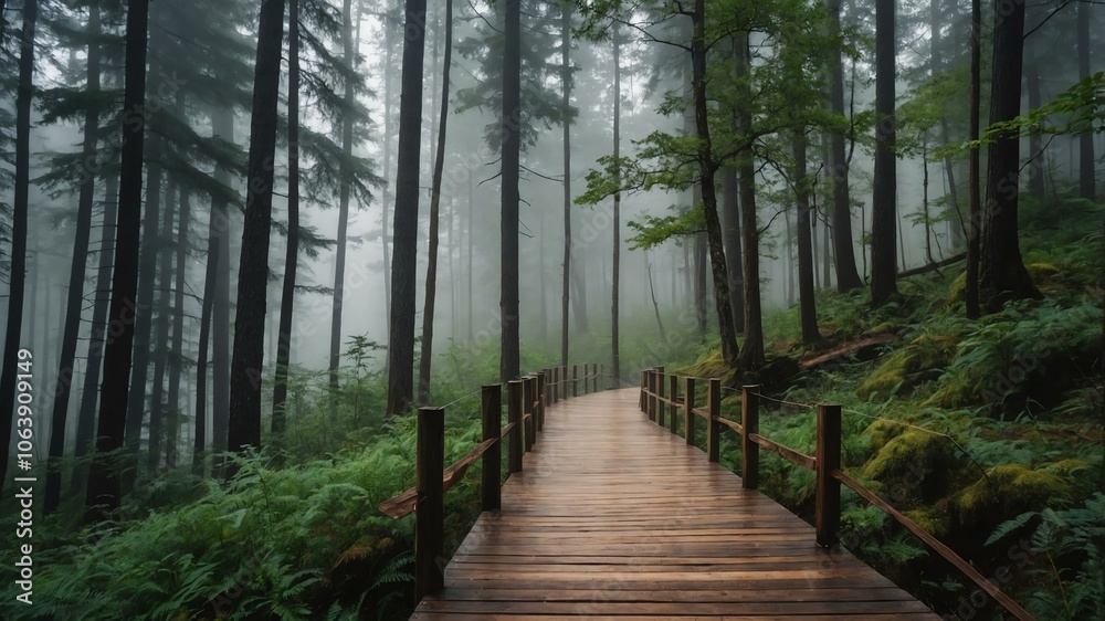 Obraz premium summer wooden pathway on a strange forest with morning fog background
