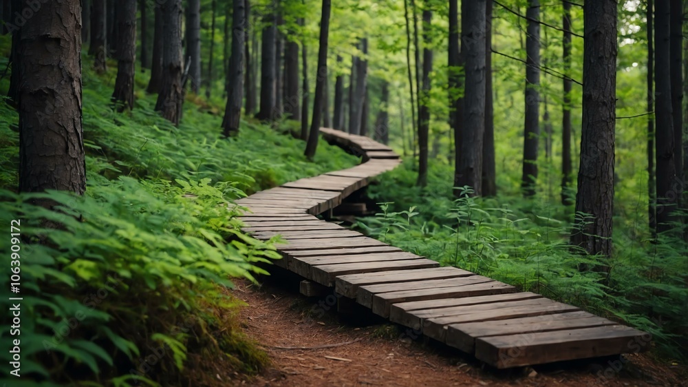 summer wooden pathway on a strange forest background summer wooden pathway on a strange forest background