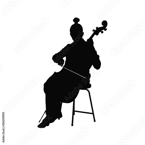 a black silhouette of a person playing the cello.