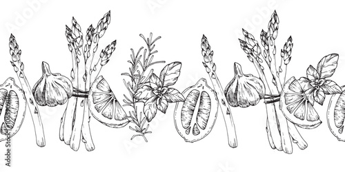 Asparagus, lemon, rosemary, garlic, rosemary, basil and pepper hand drawn ink seamless border. Vector black and white pattern .Illustration for food label design