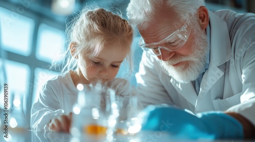 An elderly man and young girl focus intently on a science experiment, highlighting generational learning and curiosity in a bright and engaging laboratory setting. photo