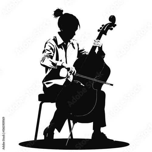 a black silhouette of a person playing the cello.