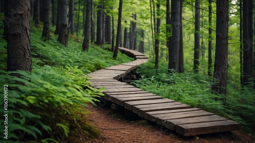 summer wooden pathway on a strange forest background