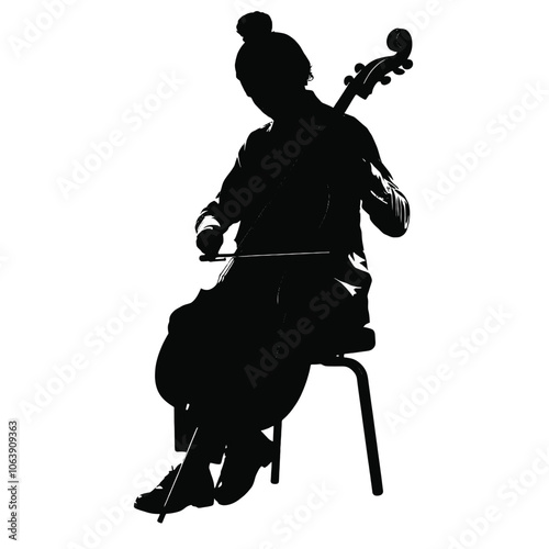 a black silhouette of a person playing the cello.